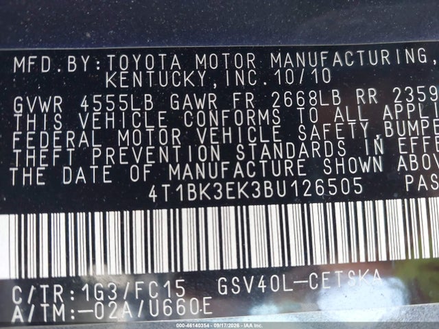 46140354 :رقم المزاد ، 4T1BK3EK3BU126505 vin ، 2011 Toyota Camry Se V6 مزاد بيع