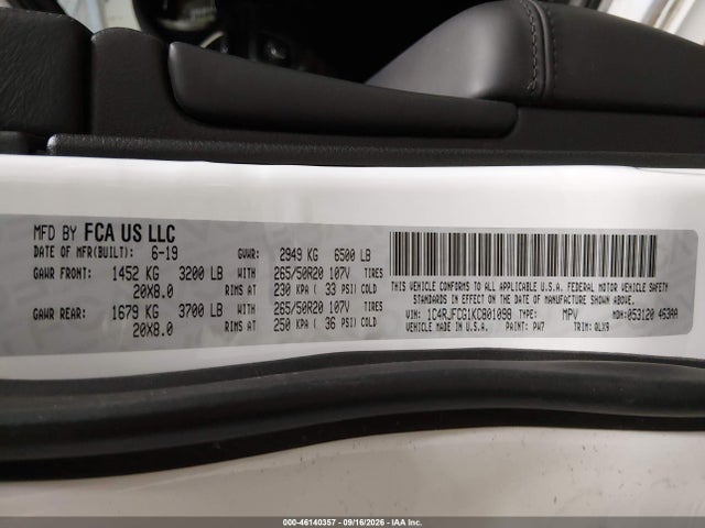 46140357 :رقم المزاد ، 1C4RJFCG1KC801098 vin ، 2019 Jeep Grand Cherokee High Altitude 4x4 مزاد بيع
