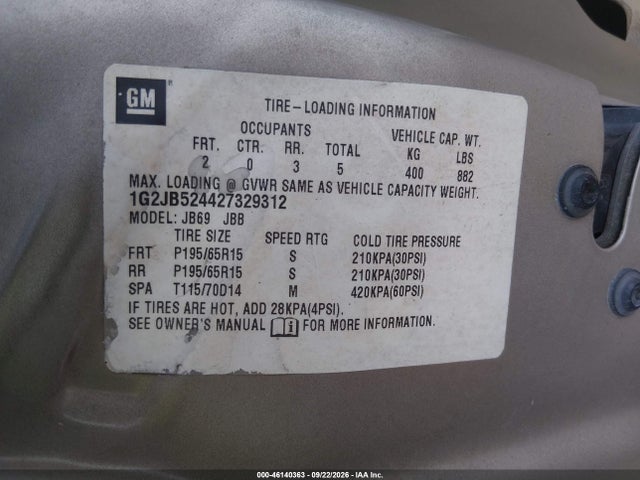 2002 Pontiac Sunfire Se მანქანა იყიდება აუქციონზე, vin: 1G2JB524427329312, აუქციონის ნომერი: 46140363
