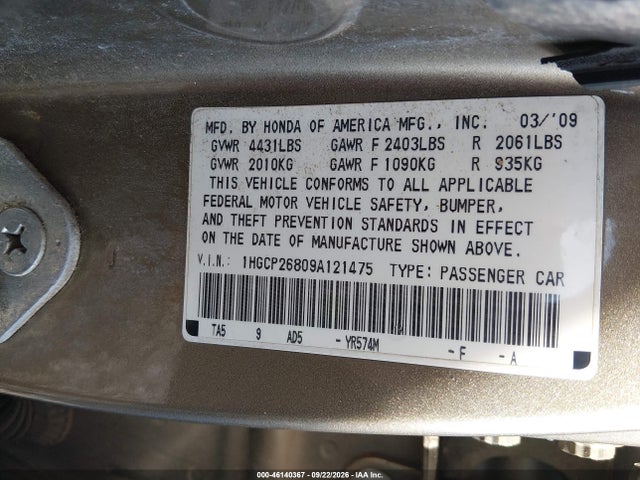 46140367 :رقم المزاد ، 1HGCP26809A121475 vin ، 2009 Honda Accord 2.4 Ex-l مزاد بيع