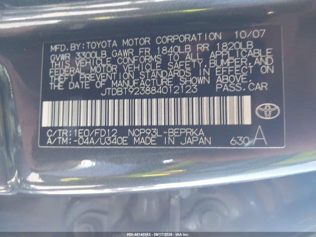 2008 Toyota Yaris მანქანა იყიდება აუქციონზე, vin: JTDBT923884012123, აუქციონის ნომერი: 46140383