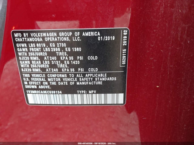 2019 Volkswagen Atlas 3.6l V6 Sel მანქანა იყიდება აუქციონზე, vin: 1V2MR2CA3KC538134, აუქციონის ნომერი: 46140386