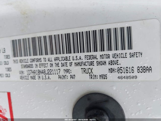 2008 Dodge Ram 1500 Slt მანქანა იყიდება აუქციონზე, vin: 1D7HA18N48J221117, აუქციონის ნომერი: 46140387
