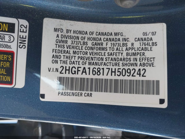 Aukcja sprzedaży 2007 Honda Civic Ex, vin: 2HGFA16817H509242, numer aukcji: 46140411