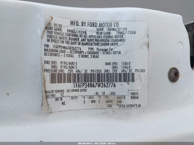 46140413 :رقم المزاد ، 1FAFP34N67W262776 vin ، 2007 Ford Focus S/se/ses مزاد بيع