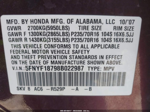 Продаж на аукціоні авто 2008 Honda Pilot Ex-l, vin: 5FNYF18798B022987, номер лоту: 46140417