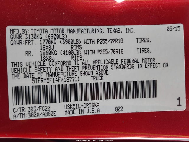 5TFRY5F14FX187711 Toyota Tundra Sr5 5.7l V8