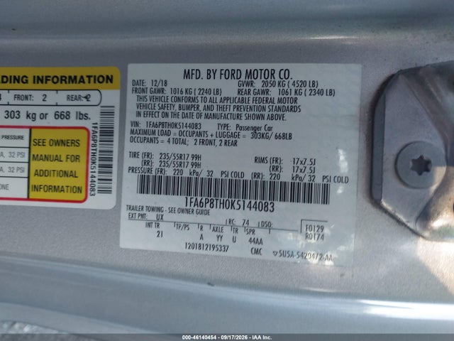 Продажа на аукционе авто 2019 Ford Mustang Ecoboost, vin: 1FA6P8TH0K5144083, номер лота: 46140454