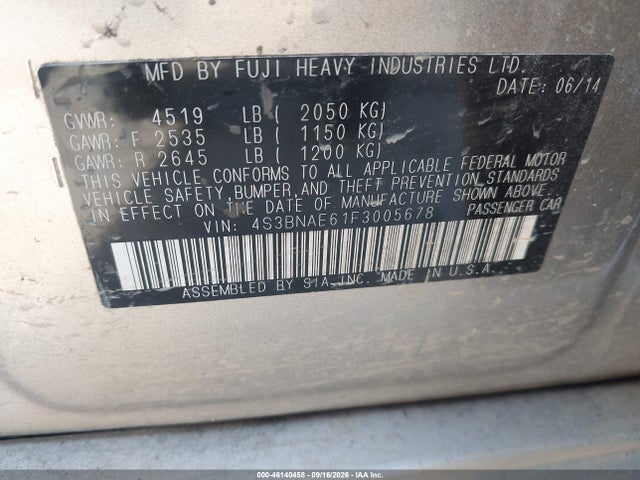 46140458 :رقم المزاد ، 4S3BNAE61F3005678 vin ، 2015 Subaru Legacy 2.5i Premium مزاد بيع