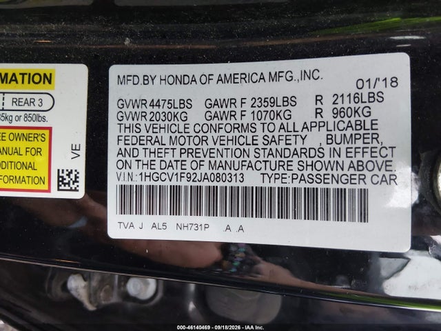 2018 Honda Accord Touring მანქანა იყიდება აუქციონზე, vin: 1HGCV1F92JA080313, აუქციონის ნომერი: 46140469