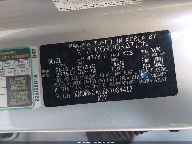 46140472 :رقم المزاد ، KNDPNCAC8N7984412 vin ، 2022 Kia Sportage Ex مزاد بيع