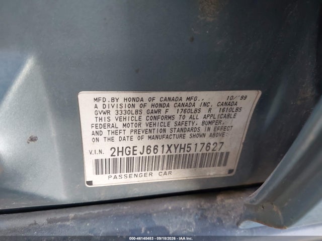 Продаж на аукціоні авто 2000 Honda Civic Value Package, vin: 2HGEJ661XYH517627, номер лоту: 46140483