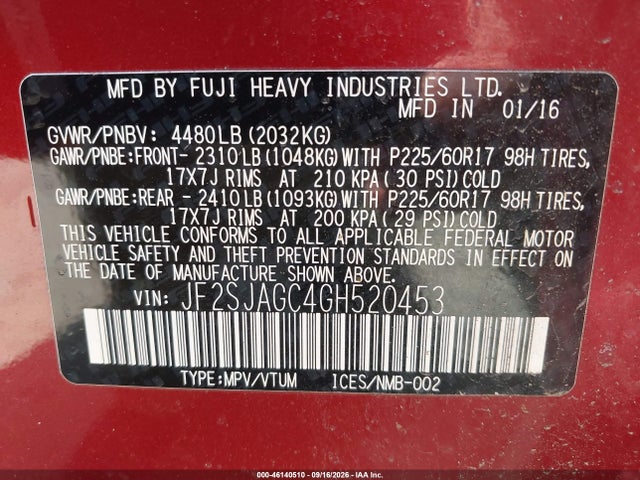 Aukcja sprzedaży 2016 Subaru Forester 2.5i Premium, vin: JF2SJAGC4GH520453, numer aukcji: 46140510