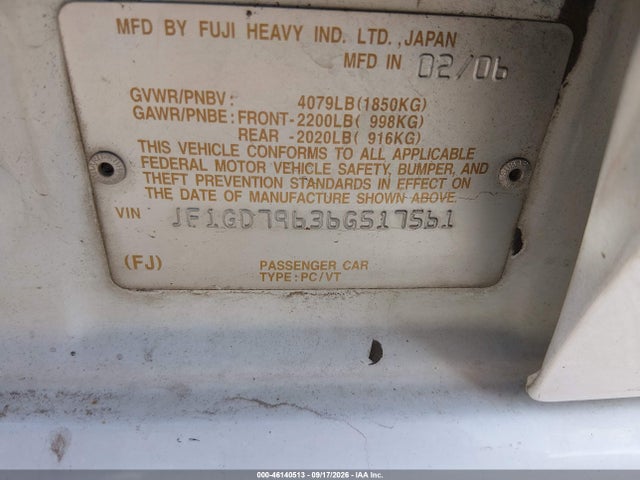 2006 Subaru Impreza Wrx Tr მანქანა იყიდება აუქციონზე, vin: JF1GD79636G517561, აუქციონის ნომერი: 46140513