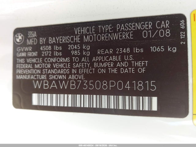Aukcja sprzedaży 2008 Bmw 335i, vin: WBAWB73508P041815, numer aukcji: 46140524