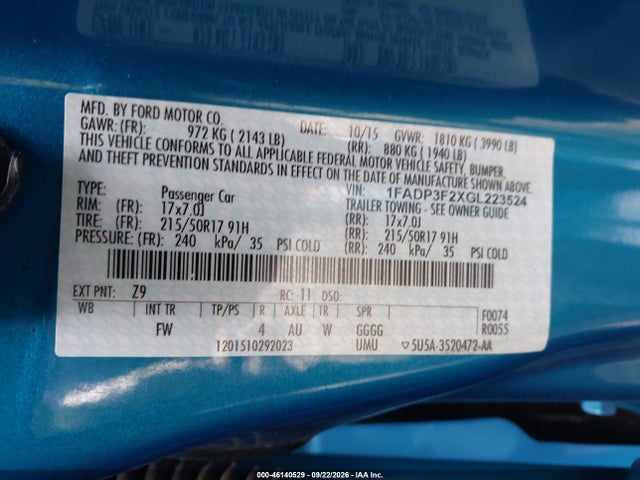 Aukcja sprzedaży 2016 Ford Focus Se, vin: 1FADP3F2XGL223524, numer aukcji: 46140529