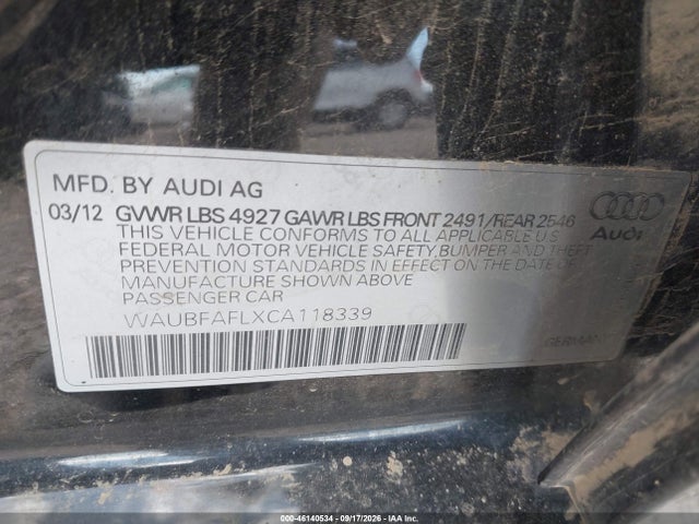 2012 Audi A4 2.0t Premium მანქანა იყიდება აუქციონზე, vin: WAUBFAFLXCA118339, აუქციონის ნომერი: 46140534