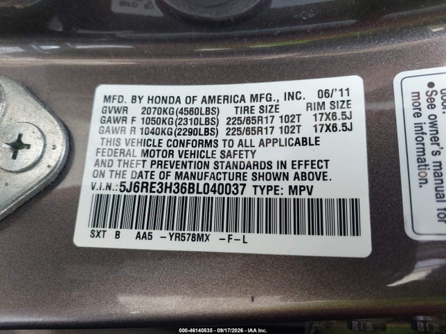 2011 Honda Cr-v Lx მანქანა იყიდება აუქციონზე, vin: 5J6RE3H36BL040037, აუქციონის ნომერი: 46140535