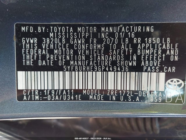Продажа на аукционе авто 2016 Toyota Corolla L, vin: 5YFBURHE9GP449436, номер лота: 46140537