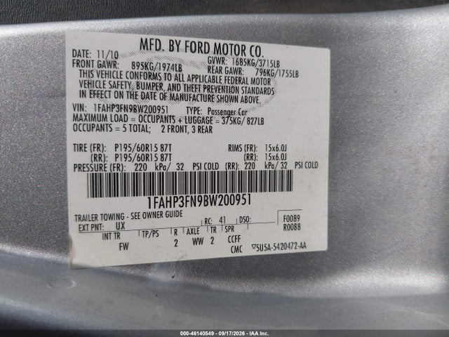 46140549 :رقم المزاد ، 1FAHP3FN9BW200951 vin ، 2011 Ford Focus Se مزاد بيع
