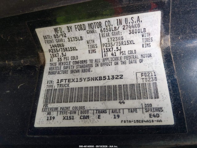 Продажа на аукционе авто 1992 Ford F150, vin: 1FTEX15Y5NKB51322, номер лота: 46140550