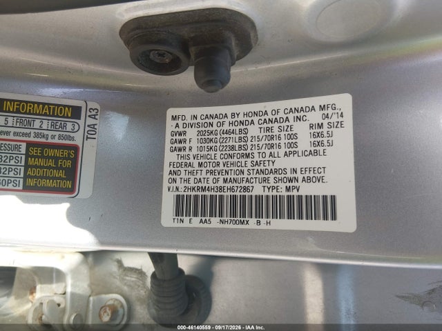 Продаж на аукціоні авто 2014 Honda Cr-v Lx, vin: 2HKRM4H38EH672867, номер лоту: 46140559