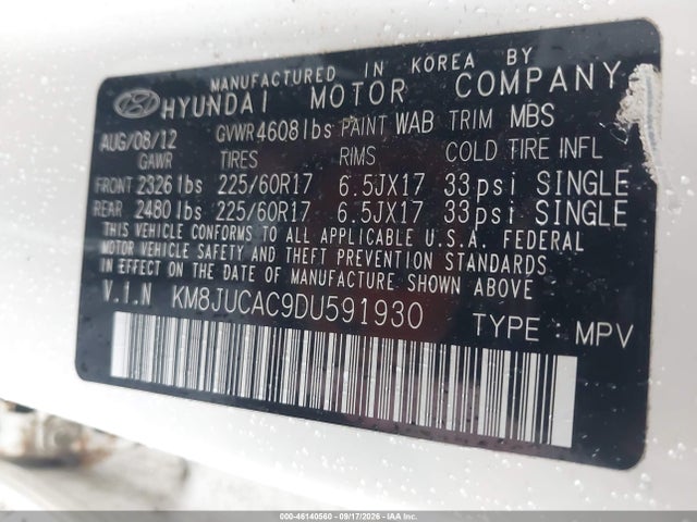 Продажа на аукционе авто 2013 Hyundai Tucson Gls, vin: KM8JUCAC9DU591930, номер лота: 46140560