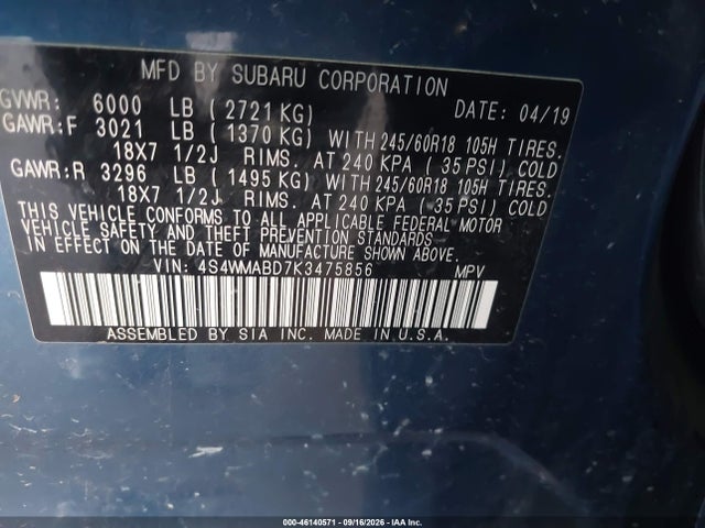 Продаж на аукціоні авто 2019 Subaru Ascent Premium, vin: 4S4WMABD7K3475856, номер лоту: 46140571