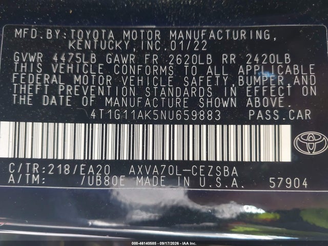 46140585 :رقم المزاد ، 4T1G11AK5NU659883 vin ، 2022 Toyota Camry Se مزاد بيع