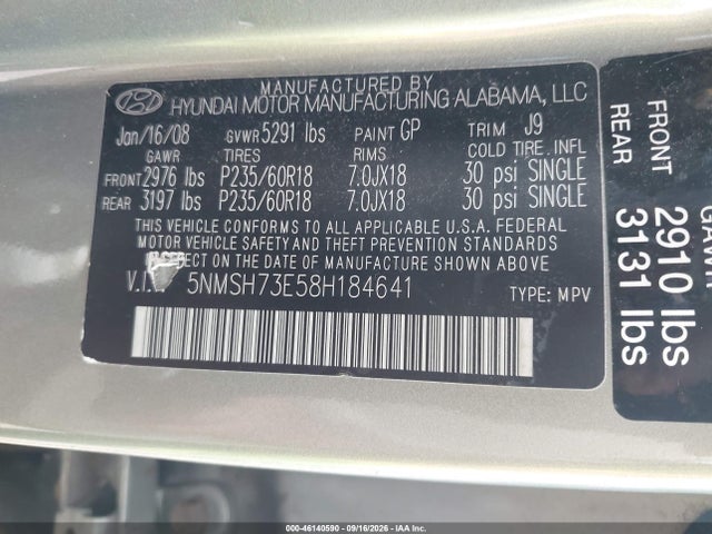 Продаж на аукціоні авто 2008 Hyundai Santa Fe Limited/se, vin: 5NMSH73E58H184641, номер лоту: 46140590