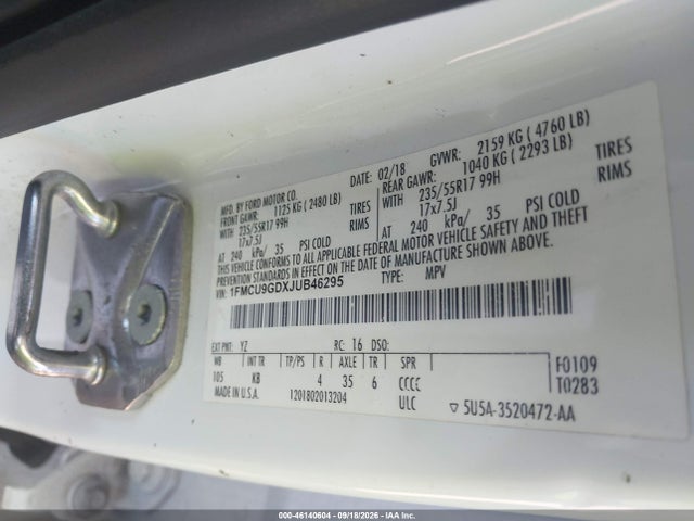 Продаж на аукціоні авто 2018 Ford Escape Se, vin: 1FMCU9GDXJUB46295, номер лоту: 46140604