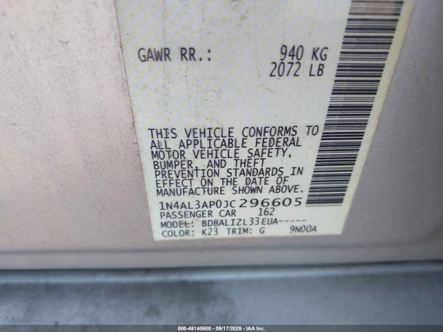 2018 Nissan Altima 2.5 Sv მანქანა იყიდება აუქციონზე, vin: 1N4AL3AP0JC296605, აუქციონის ნომერი: 46140600