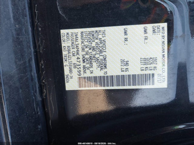 2017 Nissan Altima 2.5 S მანქანა იყიდება აუქციონზე, vin: 1N4AL3AP4HC473599, აუქციონის ნომერი: 46140610