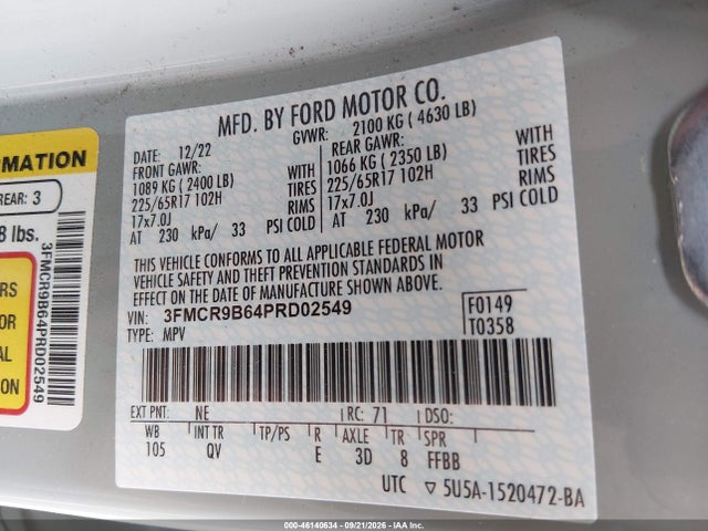 46140634 :رقم المزاد ، 3FMCR9B64PRD02549 vin ، 2023 Ford Bronco Sport Big Bend مزاد بيع