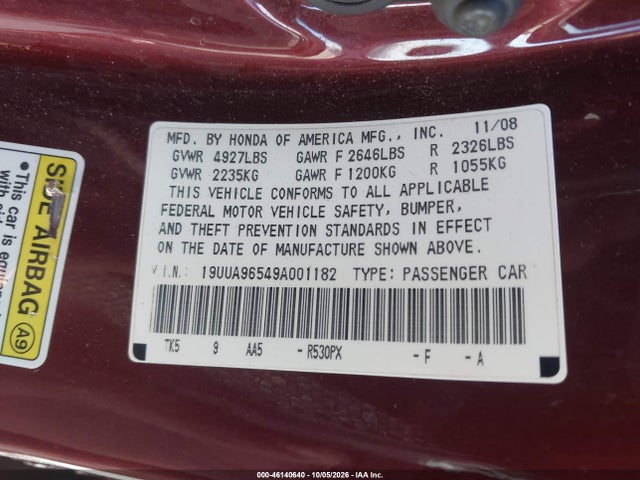 Aukcja sprzedaży 2009 Acura Tl 3.7, vin: 19UUA96549A001182, numer aukcji: 46140640