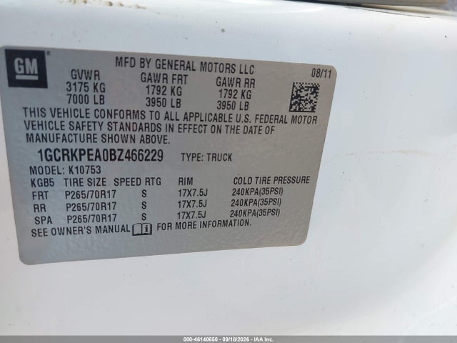 46140650 :رقم المزاد ، 1GCRKPEA0BZ466229 vin ، 2011 Chevrolet Silverado 1500 Work Truck مزاد بيع