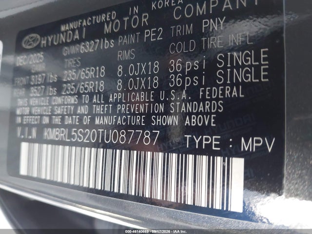 2026 Hyundai Palisade Sel 7p მანქანა იყიდება აუქციონზე, vin: KM8RL5S20TU087787, აუქციონის ნომერი: 46140669