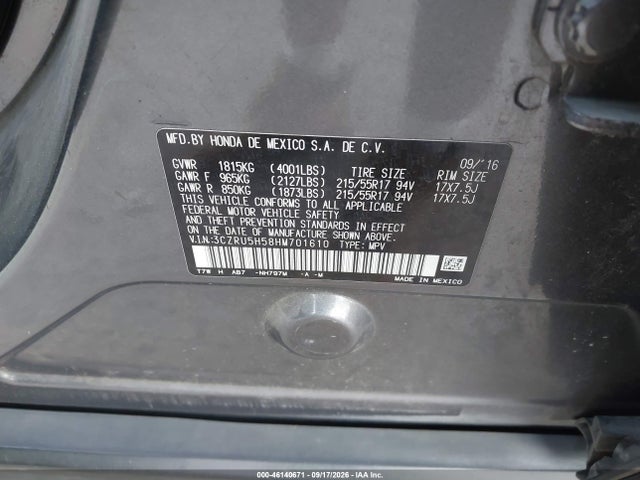 46140671 :رقم المزاد ، 3CZRU5H58HM701610 vin ، 2017 Honda Hr-v Ex مزاد بيع