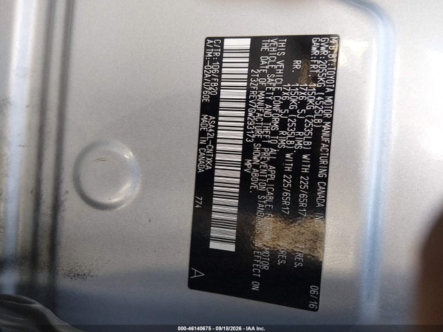 2T3ZFREV7GW293173 Toyota RAV4 LE