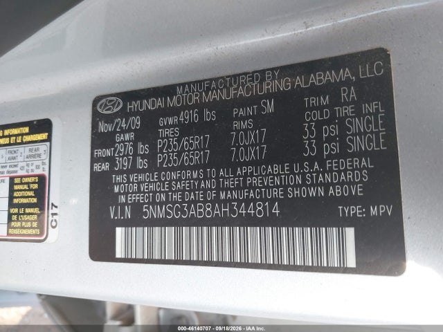 Продаж на аукціоні авто 2010 Hyundai Santa Fe Gls, vin: 5NMSG3AB8AH344814, номер лоту: 46140707