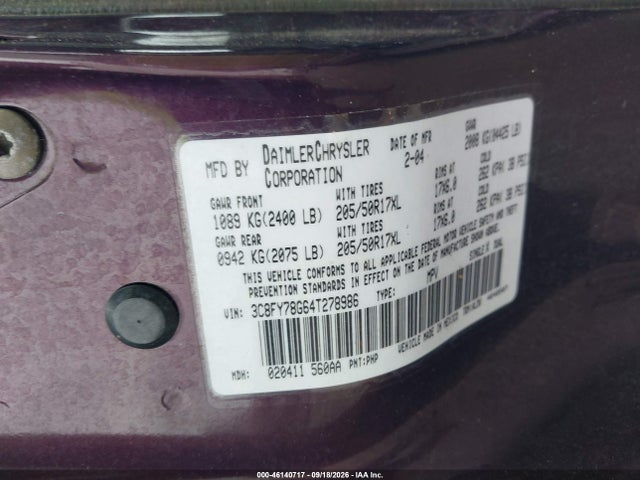 2004 Chrysler Pt Cruiser Gt მანქანა იყიდება აუქციონზე, vin: 3C8FY78G64T278986, აუქციონის ნომერი: 46140717