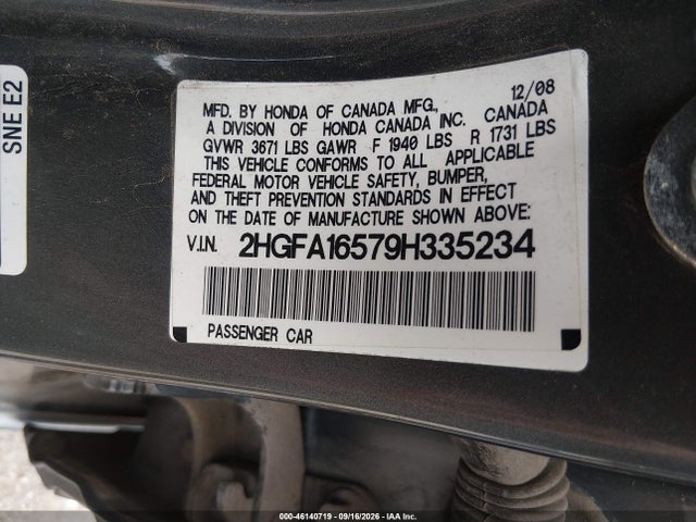 46140719 :رقم المزاد ، 2HGFA16579H335234 vin ، 2009 Honda Civic Lx مزاد بيع