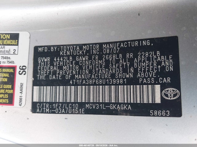 46140729 :رقم المزاد ، 4T1FA38P68U139981 vin ، 2008 Toyota Camry Solara Sle مزاد بيع