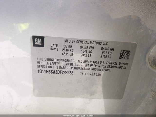 46140733 :رقم المزاد ، 1G11H5SA3DF288253 vin ، 2013 Chevrolet Malibu 1lz مزاد بيع