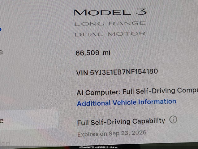 5YJ3E1EB7NF154180 Tesla Model 3 Long Range Dual Motor All-wheel Drive