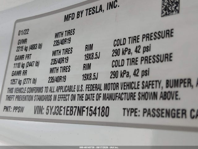 5YJ3E1EB7NF154180 Tesla Model 3 Long Range Dual Motor All-wheel Drive