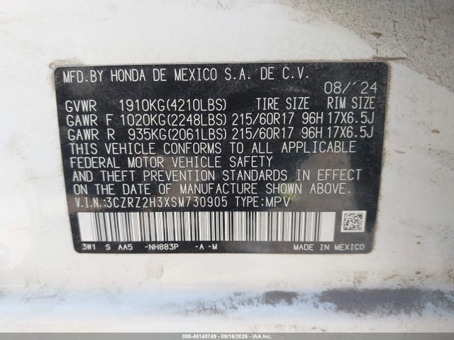 Продаж на аукціоні авто 2025 Honda Hr-v Awd Lx, vin: 3CZRZ2H3XSM730905, номер лоту: 46140749