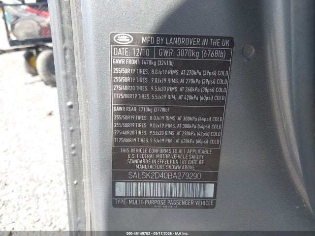 2011 Land Rover Range Rover Sport Hse მანქანა იყიდება აუქციონზე, vin: SALSK2D40BA279290, აუქციონის ნომერი: 46140752