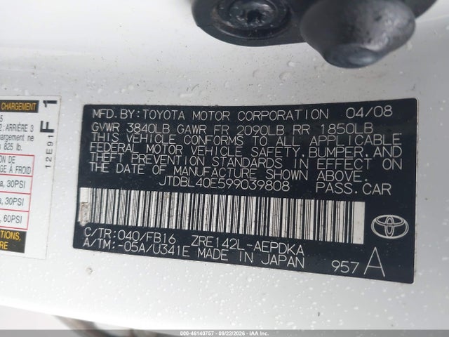Aukcja sprzedaży 2009 Toyota Corolla Le, vin: JTDBL40E599039808, numer aukcji: 46140757