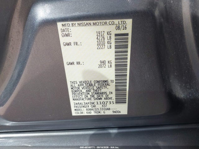 Nissan Altima 2.5 Sv 2017 1N4AL3AP2HC110735 Image 9